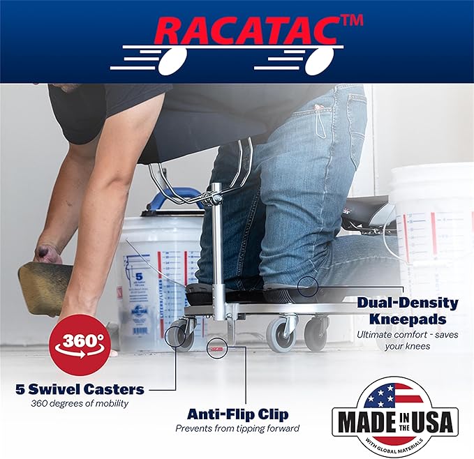 RACATAC Kneeling Sitting Creeper, 2 Inch Casters, Knee Pads, Adjustable Seat, Made in the USA, 01RACCS