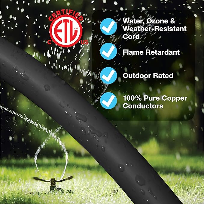 Clear Power 80 ft Outdoor Extension Cord 16/3 SJTW with Lighted Locking Connector, Black, Water & Weather Resistant, Flame Retardant, 3 Prong Grounded Plug, CP10128