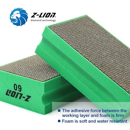 Z-Lion Diamond Hand Polishing Pads Electroplated Blocks Foam Backing for Tile Stone Marble Concrete Ceramics Granite Glass Wet Dry Grit 60