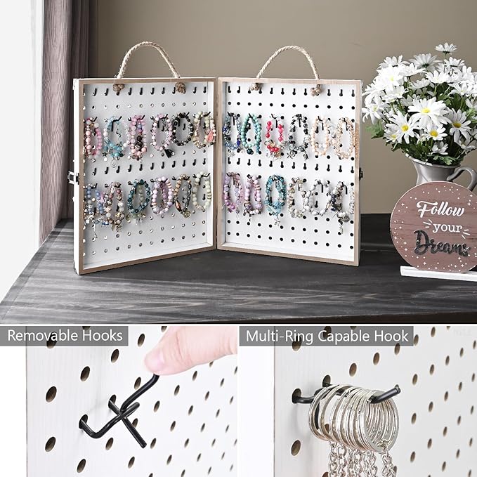 MOOCA Wooden Foldable and Portable 2 Panel Pegboard Jewelry Display Organizer with 48 Removable Black Metal Hooks & Convenient Rope Handle for Easy Carrying, Dual-Sided Panels for Hanging, White Color