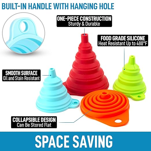 Zulay Kitchen Silicone Collapsible Funnels for Kitchen – 4 Pack Foldable Food Grade Funnels, Small & Large, Heat Resistant, BPA-Free – Funnel Set for Filling Bottles, Jars, Oil & Liquid Transfer