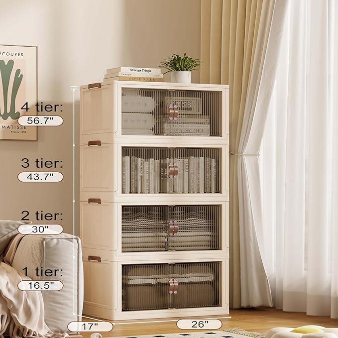 SAILUN 116Gal/464Qt Stackable Storage Bins Folding Collapsible Storage Bins with a Lid, Closet Organizers and Storage,Blush White 26" W x 17" D x 56.7" H