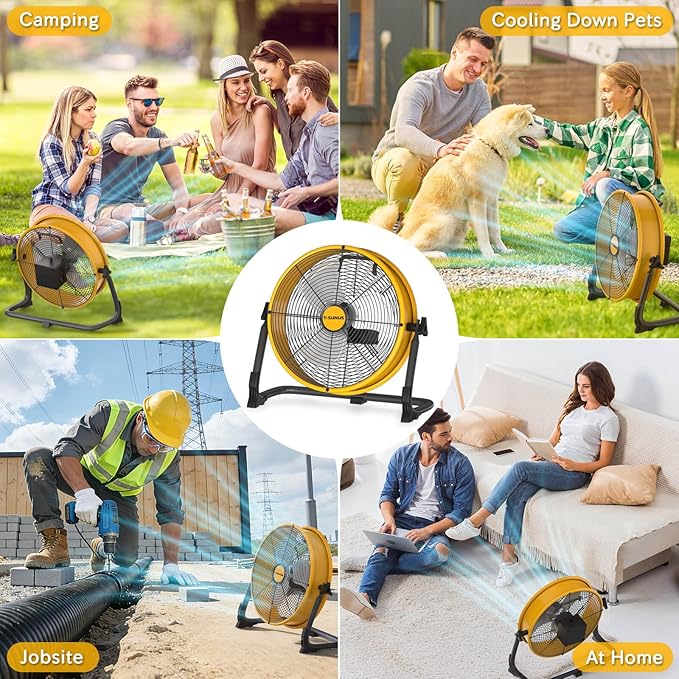 T-SUNUS 12" Rechargeable Floor Fan, 1500 CFM High Velocity Cordless Fan with 13200mAh Battery, 27H Runtime, Metal Industrial Fan, 360° Tilt, AC Charger for Camping, RV, Garage & Emergency