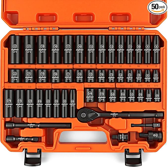 HORUSDY 50-Piece 3/8" Drive Impact Socket Set, Standard SAE (5/16 to 3/4 inch) and Metric (8-22mm) Size, 6 Point, Cr-V, 3/8-Inch Drive Ratchet Wrench, Drive Extension Bar, Impact Universal Joint