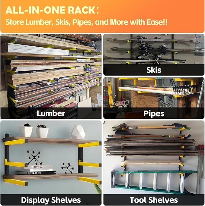 Wood Organizer Lumber Storage Rack Wall Mount - Heavy Duty Metal Cantilever Shelves With 3-Level Holds Up 600 Lbs,Indoor & Outdoor Wood Storage Racks For Garage Woodshops Workshops -2 Pack ,Yellow