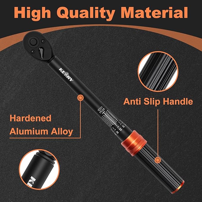 Kerry 3/8 Inch Drive Click Torque Wrench, 5-50 FT.LB/6.8-67.8 Nm, ±3% High Accuracy, Dual Range Scales, Clearly Graduated, Eeasy Read, Hardened Alumium Alloy, 72 Tooth Click Torque Wrench for Bike