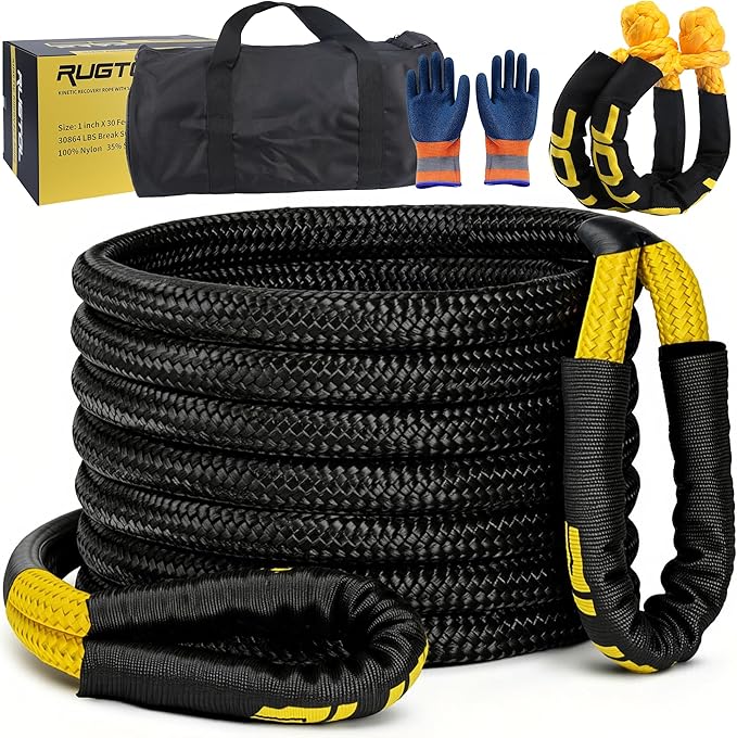 Rugtol Kinetic Recovery Rope, 1 inch x 30 Feet Heavy Duty Kinetic Tow Ropes with 2Pcs Soft Shackles 30864 LBS Break Strength, Snatch Towing Strap Rope Kit for Offroad Vehicle Truck ATV UTV Car Tractor
