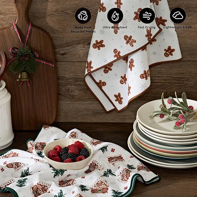 RECYCO Christmas Waffle Kitchen Towel Set of 2 - Quick Dry Microfiber Sustainable Dish Towels - Ultra Absorbent Reusable Cleaning Tea Towels - Lightweight Hand Towels,16”x 28”, Gingerbread Joy