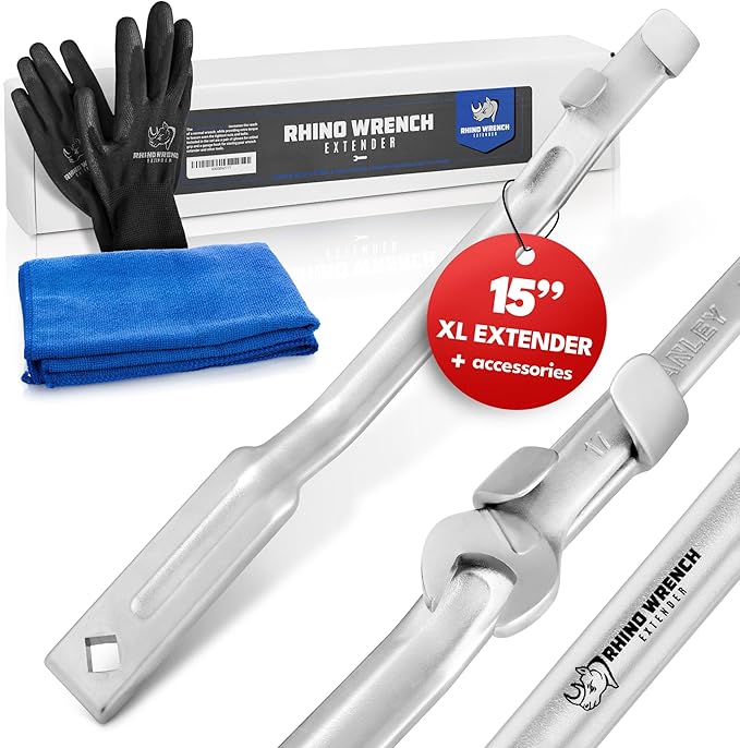 Eleon Rhino Wrench Extender Tool Bar - Extra-Long 15 Inch Wrench Extension for Maximum Leverage - Torque Multiplier with Non-Slip Gloves and Microfiber Towel - Solid Steel Tools (Extra Large)
