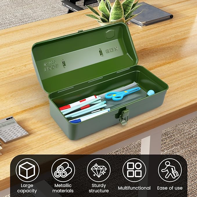 15 Inch Metal Tool Box with Lock - Portable Heavy Duty Workshop Tool Storage Case with Handle, Locking Hardware Organizer Box for Tools, Screws & Parts (Green)