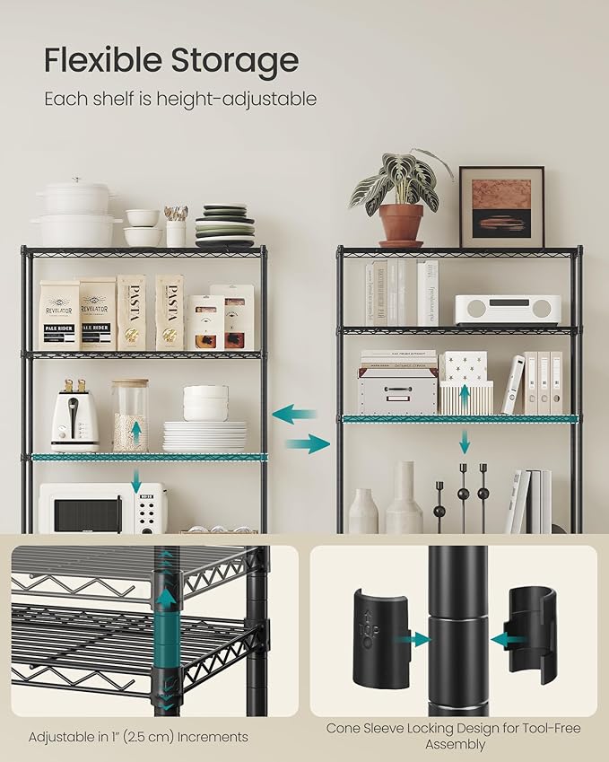 SONGMICS Storage Shelf, Metal Wire Shelving Unit, Adjustable Shelves, for Garage, Bedroom, Living Room, Kitchen, Pantry, 5 Tier, 11.8 x 35.4 x 63 Inches, Ink Black ULGR195BH01S