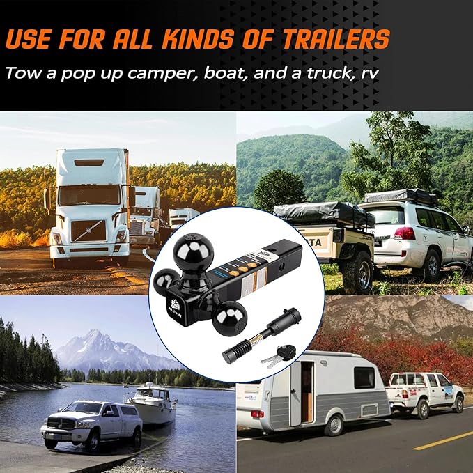 METOWARE Trailer Hitch Tri Ball Mount with 5/8" Hitch Lock, 1-7/8 Inch, 2 Inch and 2-5/16 Inch Tri Ball Hitch Fit 2 Inch Receiver, Hollow Shank Tow Hitch, Black