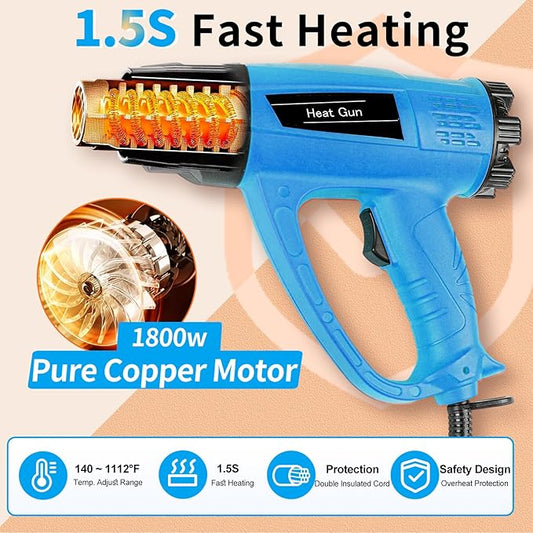 【1800W・140℉~1112℉】Heat Gun (60℃-600℃) Fast Heating Heavy Duty Hot Air Gun Kit Variable Temp Control Overheat Protection with 5 Nozzle for Crafts, Shrink Tubing, Stripping Paint, Resin, Soldering
