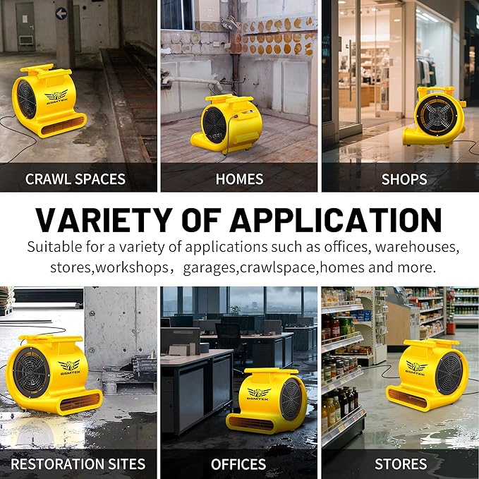 Air Mover Blower Fan, Industrial 1.5HP MAX10000CFM Monster Floor Blower Carpet Dryers - 3 Speeds, 4 Adjustable Angles, 15FT Long Cord, Stackable, Yellow - 2026 Upgraded