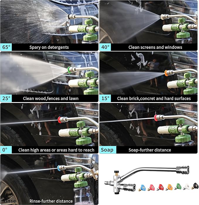 FENG PAI Foam Cannon Dual-Connector Accessory, Pressure Washer Double Tip Attachment for Soap Cannon with 7PCS Pressure Washer Sprayer Nozzles for Car Wash,1/4" Quick Connect, Without Foam Cannon