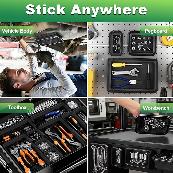 Collapsible Magnetic Parts Tray Set with Extra Strong Magnet Up to 18LB, 3 Different Size Silicone Foldable Tool for Organizing Screw Bolts Nuts Washers Pins and Other Small Metal Parts -Black