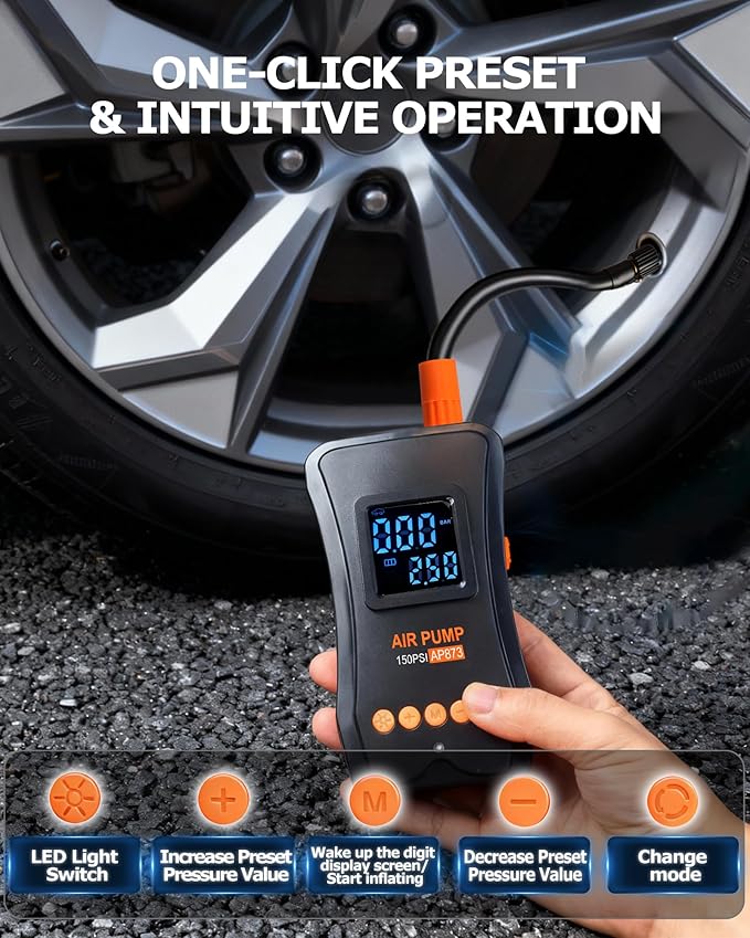 Tire Inflator Portable Air Compressor, 150PSI Dual Power - 4000mAh & 12V DC, Cordless Mini Bike Pump with Digital Dual Values Display/LED Light, tire Air Pump for Car Tires, Bike, Motorcycle, Bicycle