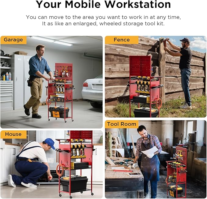 LimeHill Garage Power Tools Organizer Cart with Pegboard, Large Floor Standing Rolling Drill and Tools Battery Storage Cart on Wheels, Utility Rack Gift for Men, Husband, Father