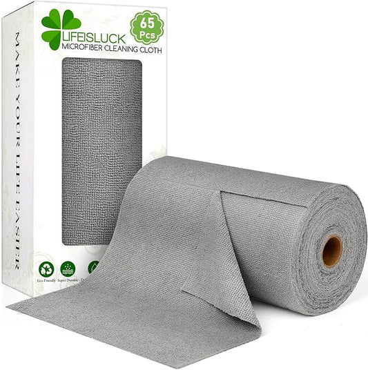 65 Pack of Microfiber Cloths in a Roll, 10" x 10" Reusable Washable Cleaning Rag Tear Away Towels for Auto House Garage Dust Kitchen Bathroom, Lint-Free Not Scratch Cleaning Supplies