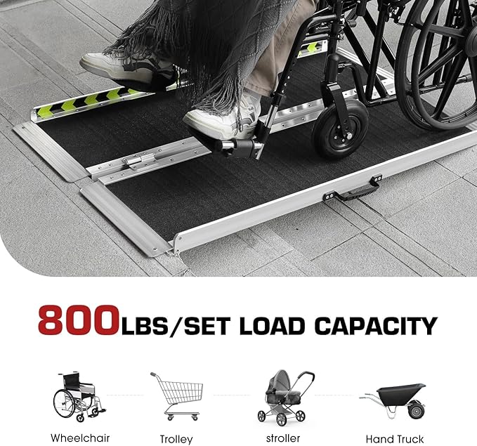 DNA Motoring 4FT Portable Wheelchair Ramp, Non-Skid Aluminum Handicap Ramps with Handle, Hold Up to 800Lbs, Threshold Ramp for Home Steps, Scooter Ramp, Doorways, Black, ZTL-WCRAMP-4FT-B