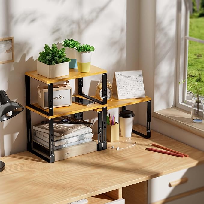 Kitchen Cabinet Organization Shelf，Set of 2 Height Adjustable Storage Racks，Stackable，Expandable，Countertop Shelves Organizer，Pantry Shelving(2PACKS/Large/Black)