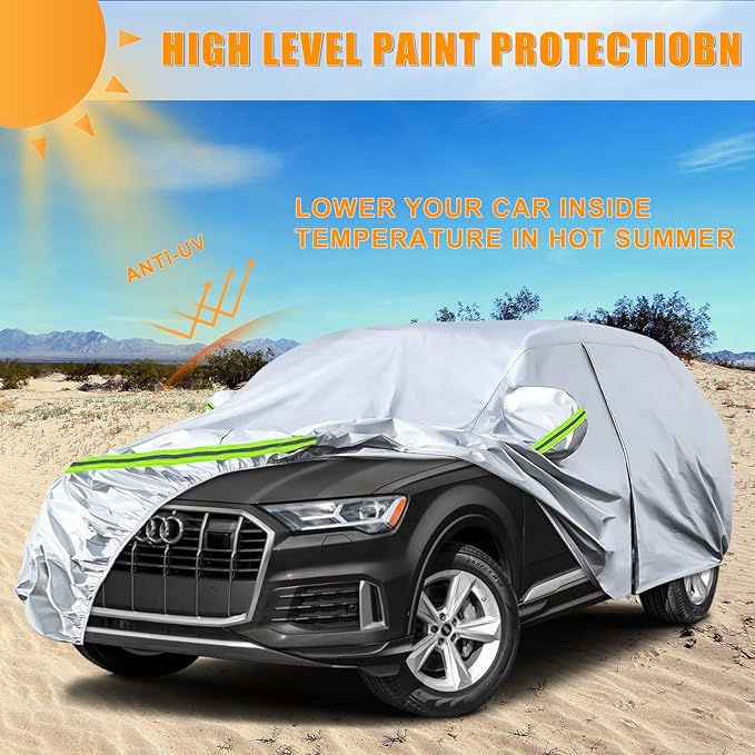 Waterproof Car Covers Replace for 2006-2025 Audi Q7/SQ7, 6 Layers Silver All Weather Custom-fit Car Cover with Zipper Door & Windproof Bands for Snow Rain Dust Hail Protection