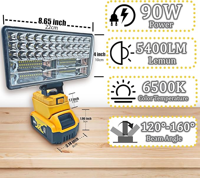 Cordless LED Work Light for Dewalt 20V Battery，90W 5400ML LED Wide Beam Flood Light with Two USB Charging Port Light for Emergency,Workshop,Garage.(No Battery)