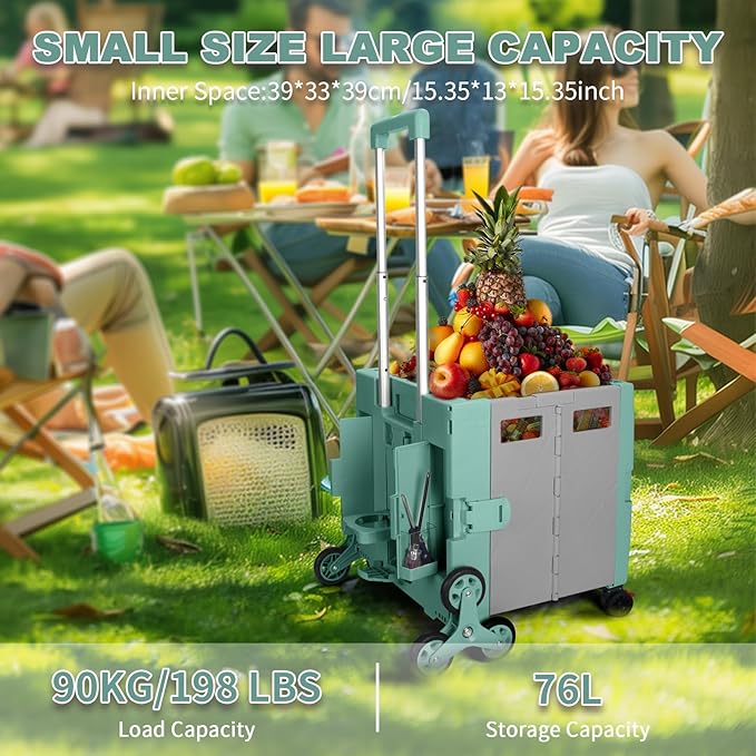 76L Folding Utility Cart Portable Rolling Crate Handcart Shopping Collapsible Tool Box with Stair Climbing Wheels,Hidden Lid,2 Rotate Wheels,for Grocery,Shopping,Office,Storage(Green)