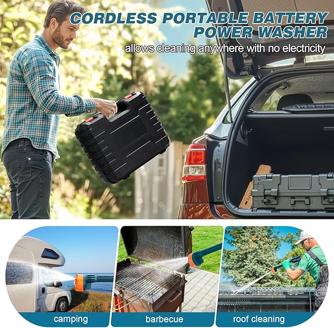 Portable Cordless Pressure Washer, Battery Powered Power Washer Car Wash Gun with 6-in-1 Nozzle & Foam Cannon, Handheld High Pressure Cleaner for Car, Driveway, Patio, Garden, RV