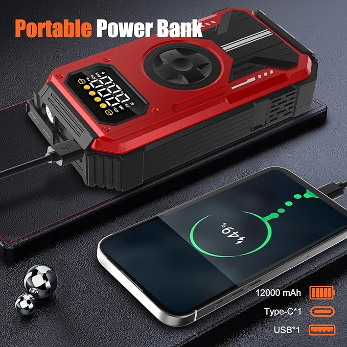 PD-270 6000A Jump Starter with Air Compressor, 150 PSI Portable 12V Car Battery Booster (Up to 7.5L Gas/6.5L Diesel), LCD Display, LED Light & Power Bank