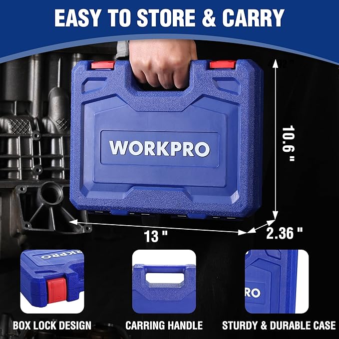 WORKPRO 20-Piece 1/2＂ Drive Deep Impact Socket Set, 6-Point, Cr-V Steel, 10-27mm, Universal Joint, Adapter and Extension Bar, Metric