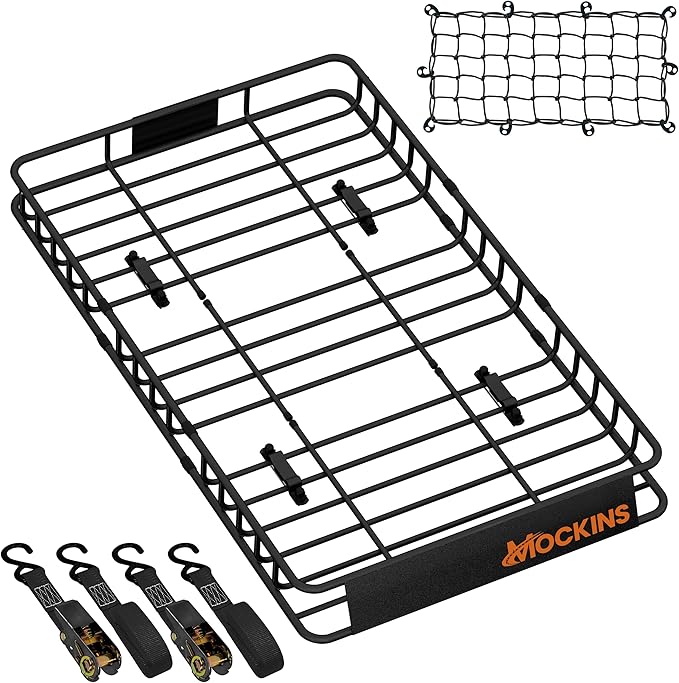 Mockins 50"x36"x4.5" Extendable Car Rooftop Cargo Carrier Rack | 250 Lbs. Capacity Weatherproof Steel Universal Roof Rack Basket | Heavy Duty Car Roof Cargo Carrier Set w/Ratchet Straps & Bungee Net