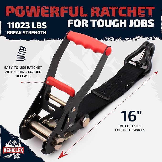 Vehiclex Car Tie Downs with Double J-Hooks - Heavy Duty 2PK, 2" x 8ft Car Hauling Straps for Trailers, 11,000 lb Breaking Strength