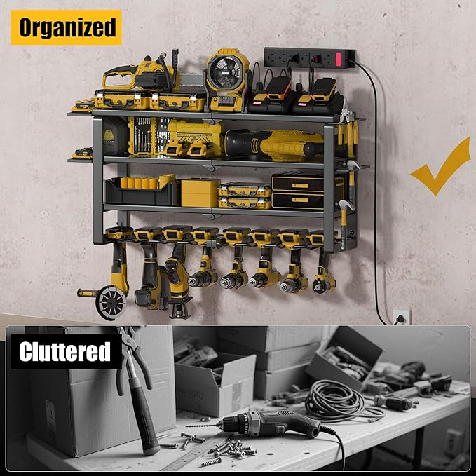 Spampur Large Power Tool Organizer Wall Mount, 4-Tier Rack with Charging Station & 8 Drill Holders, Garage Workshop Tool Storage, Gift for Husband/Dad