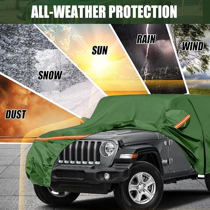 Waterproof Car Covers Replace for 2007-2025 Jeep Wrangler 4 Door, Multilayer Heavy Duty with Cotton Liner All Weather Car Cover with Zipper Door, Windproof Bands for Snow Rain Dust Protection