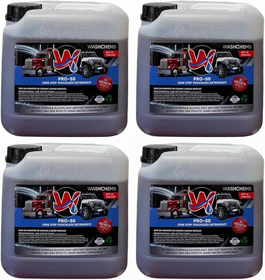 Wash Chems Pro 50 Touchless One Step Car Wash Detergent Soap Concentrate No Brushing, Commercial Grade Professional Auto Foam Cleaner Also Great for Trucks & Tractors (4, 1 gallon)