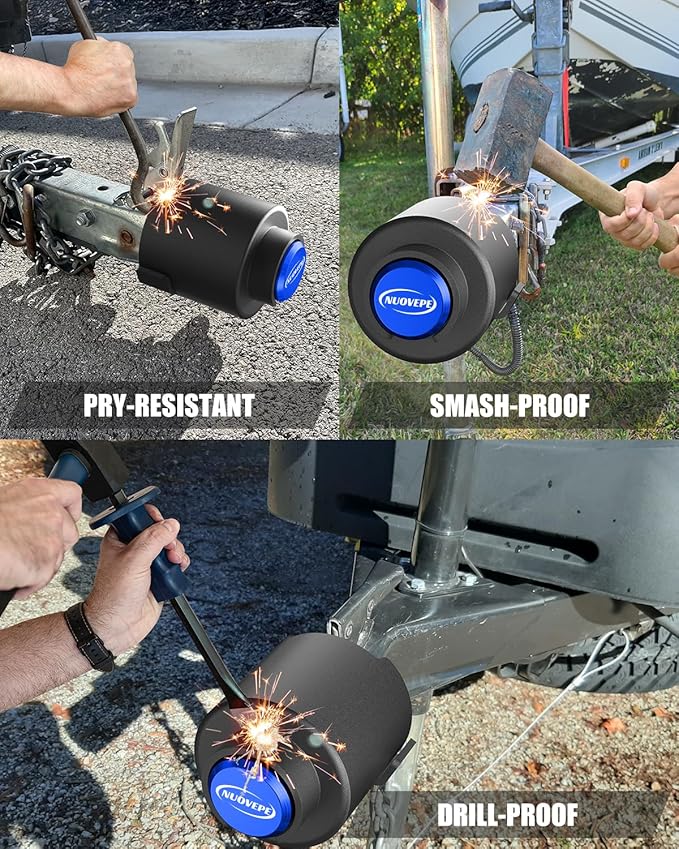 Trailer Lock Fits 2 Inch Couplers, Secures Safety Chains Anti-Theft Ball Hitch Lock, Pry-Resistant & Heavy-Duty Trailer Hitch Locks for RV | Boat | ATV | Utility Trailer (Blue)