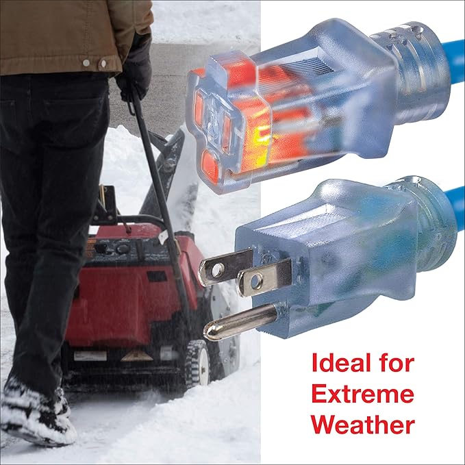 Clear Power Heavy Duty Outdoor Extension Cord - 100 FT, Blue | for Extreme Cold Weather -50°C, 16/3 SJTW, 3 Prong Grounded Plug, with Power Indicator Light (CP10075)