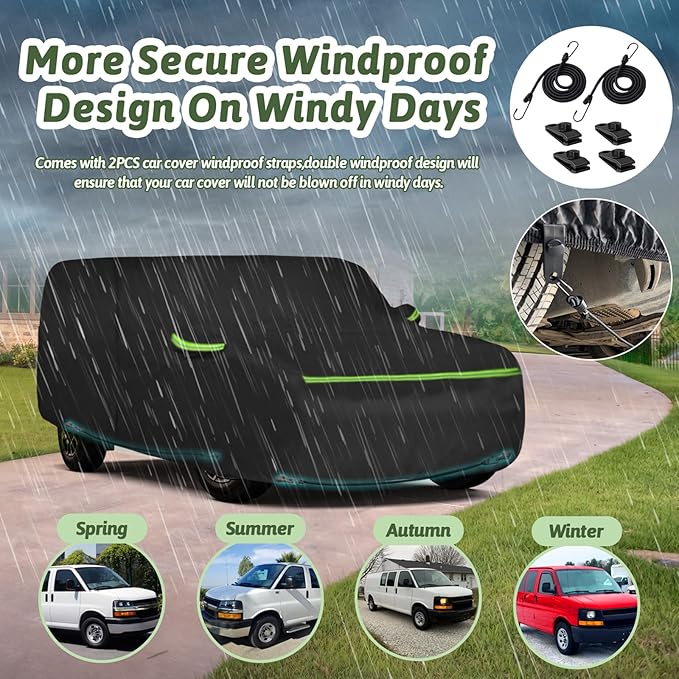 Car Cover for 2003-2025 Chevrolet Express Van/GMC Savana Cargo Van 1500/2500/3500 Regular SWB, Waterproof 210T Sun Rain UV Dust Snow Protection Car Cover with Zipper Door & Windproof Straps