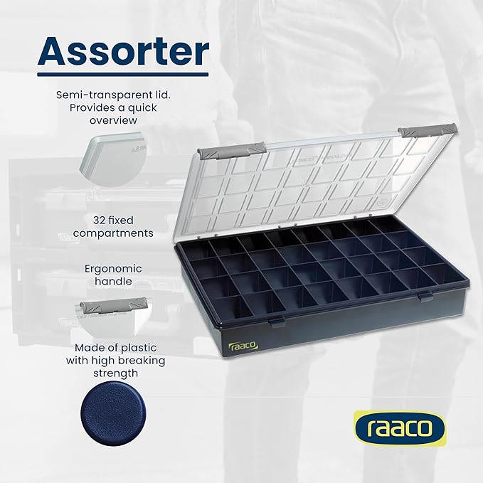 Raaco Assorter Tool Box Organizer – Full-Size – 32 Slots Fixed Grid with Semi-Transparent Lid, Polypropylene (PP) Storage Box for Screws, Nuts and Bolts, Small Parts & Hardware (Assorter 4-32)