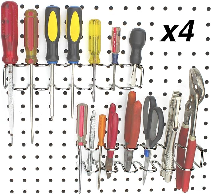 Pegboard Screwdriver Holder, 4-Pack - Hooks to Any Peg Board - Screwdriver and Pliers Rack Accessory Tool Organizer - Organization Accessory for Workbench, Garage, Tool Shed, Craft Room
