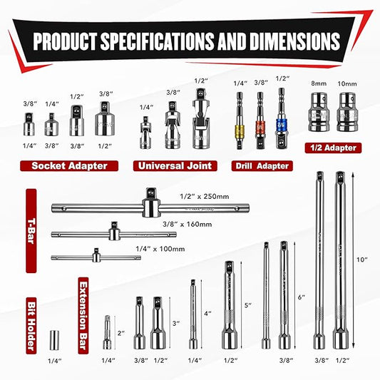 YIYITOOLS 25Pcs Drive Tool Accessory Kit, 1/4" 3/8" 1/2" Socket Accessories, Extension Bar, Adapter, Universal Joint & T-Bar, Professional CR-V Steel Construction
