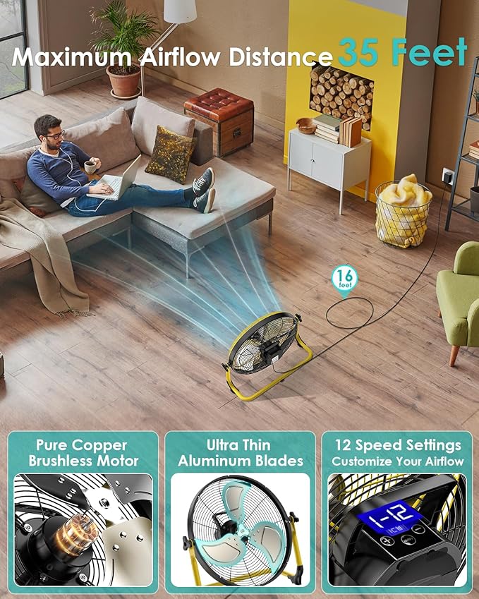 ZHULI 18" Portable Battery Operated Floor Fan, Rechargeable Cordless Camping Fan, Hi-Velocity Brushless Motor, Metal blade, USB Phone Charge, 8~60H Runtime, Quiet, Wireless, For Outdoor Home Workshop