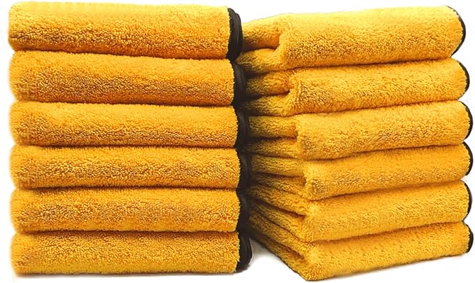Solid Multipurpose Plush Microfiber Cleaning Cloth - Cleaning Towel for Household, Car Washing, Drying & Auto Detailing - 12" x 12" (Yellow, 12)
