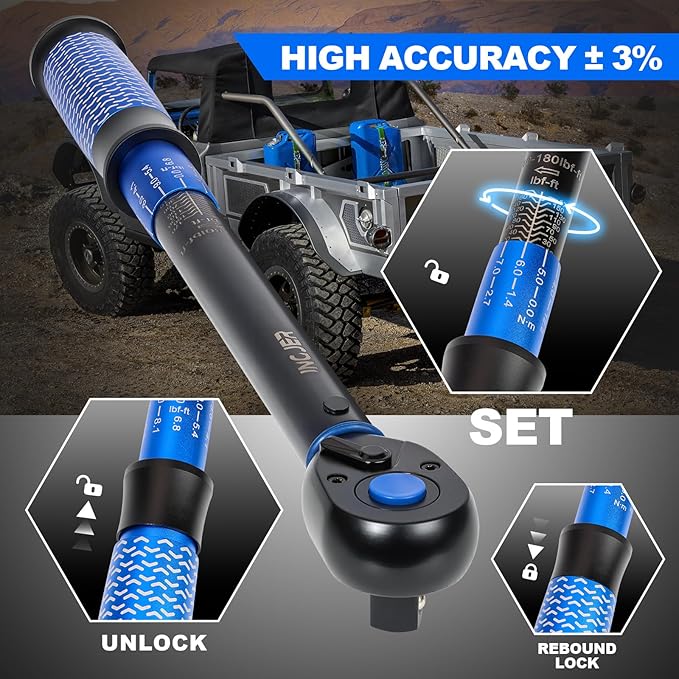 UPGRADE 1/2" Drive Click Torque Wrench,10-180ft.lb,Dual-Direction Adjustable 72 Tooth Click Torque Wrench for Bike, Motorcycle,Professionals & DIYers,Blue