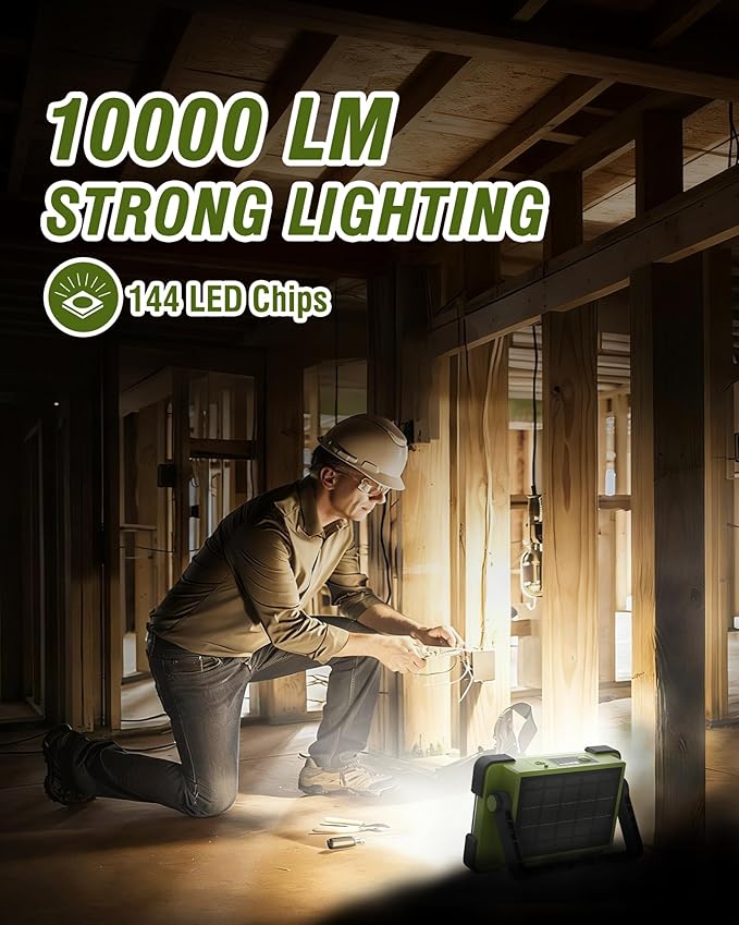 120W Solar Rechargeable Work Light, Portable Flood Light with Stand, 144 LED 10000LM Led Work Light with 4 Modes, IP66 Waterproof Outdoor Working Light for Emergency Repair Mechanic Camping