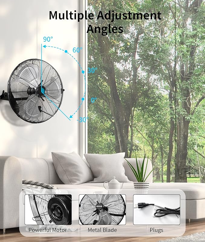 BEESTAR 20 inch High Velocity Wall Mount Fan,Industrial Fan with 3 Speed Commercial Ventilation,Easy Operation and 270 Degree Tilting,Metal Fan for Warehouse,Greenhouse, Workshop and Basement