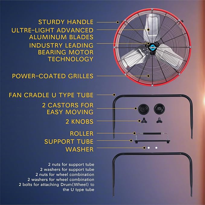 Tornado 24 Inch High Velocity Heavy Duty Tilt Metal Drum Fan Wide Version Red Commercial, Industrial Use 3 Speed 8800 CFM - 8 FT Cord UL Safety Listed