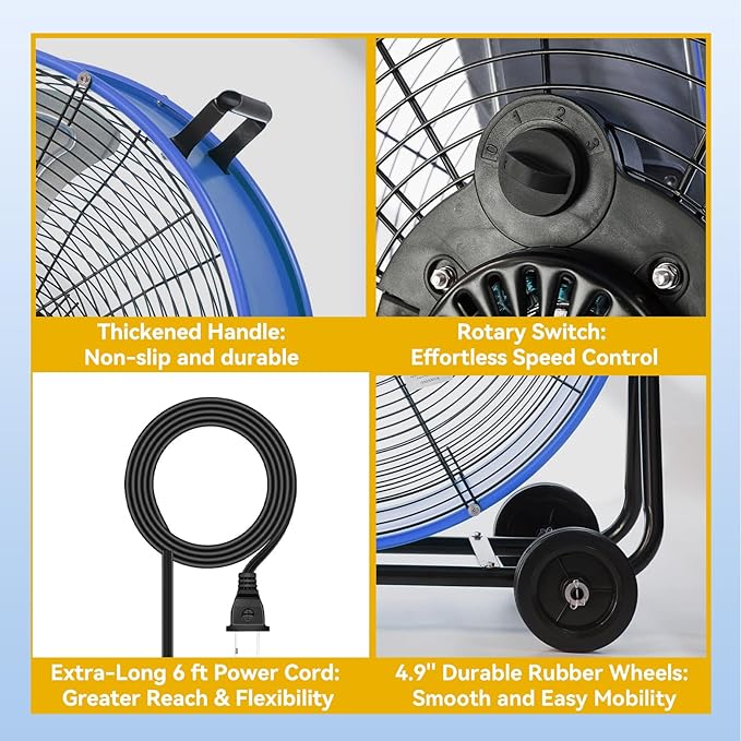 24 Inch Industrial Drum Fan 8800 CFM High Velocity Floor Fan for Garage, Warehouse & Workshop - 3-Speed Heavy Duty Metal Fan with 360° Tilt, Wheels & UL Safety Listed