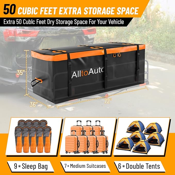 50 CuFt Waterproof Cargo Bag for Hitch Carrier | 72"x36"x35" Trailer Hitch Cargo Carrier | Weatherproof Truck Bed Storage with Straps, Lock & Carry Case | PVC Vehicle Soft-Shell Carriers